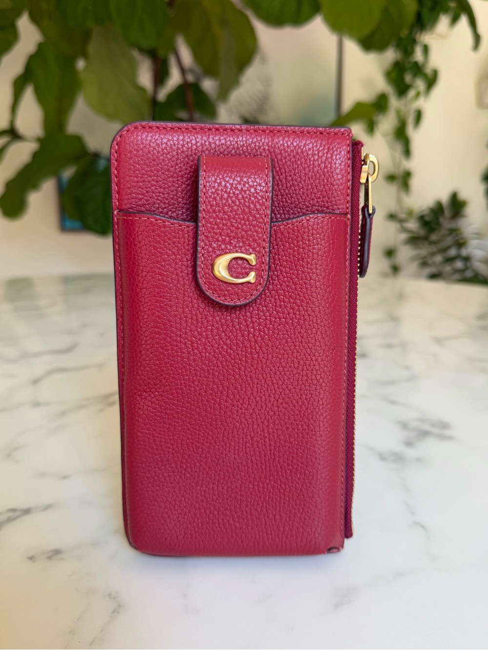 Coach Essential Phone Wallet in Brass Enamel Red Leather CJ866
